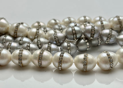 10x12 mm Half Strand Large Hole Rice/Oval Pearls 2.0mm Hole Natural White w/Clear Rhinestones OR Gray w/Clear Rhinestones #1206