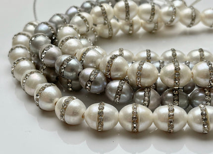 10x12 mm Half Strand Large Hole Rice/Oval Pearls 2.0mm Hole Natural White w/Clear Rhinestones OR Gray w/Clear Rhinestones #1206