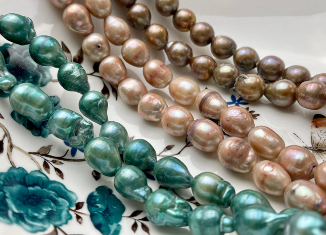11x13-15 mm approx. Champagne Green OR Copper Color Large Hole Baroque Freshwater Pearl Beads Hole Size 2.2 mm #1124