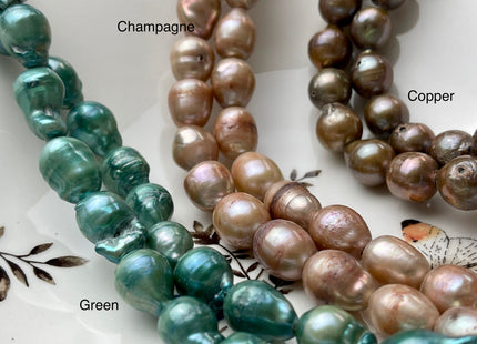 11x15 mm approx. Champagne Green OR Copper Color Large Hole Baroque Freshwater Pearl Beads Hole Size 2.2 mm Genuine Baroque Pearls. #1124