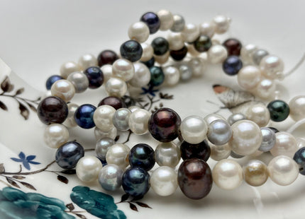 8-11 mm Half Strand Large Hole White Grey Peacock Mixed Color Freshwater Off Round Pearls Hole Size 2.0 mm Genuine Large Hole Pearl #1310