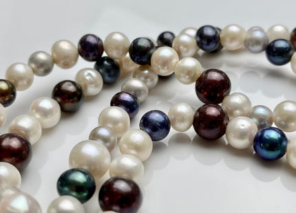 8-11 mm Half Strand Large Hole White Grey Peacock Mixed Color Freshwater Off Round Pearls Hole Size 2.0 mm Genuine Large Hole Pearl #1310