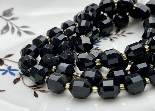9x10mm Half Strand Faceted Energy Prism Cut Obsidian Gemstone Genuine Double Terminated Points Black Color Obsidian Beads 17 Pieces #3793