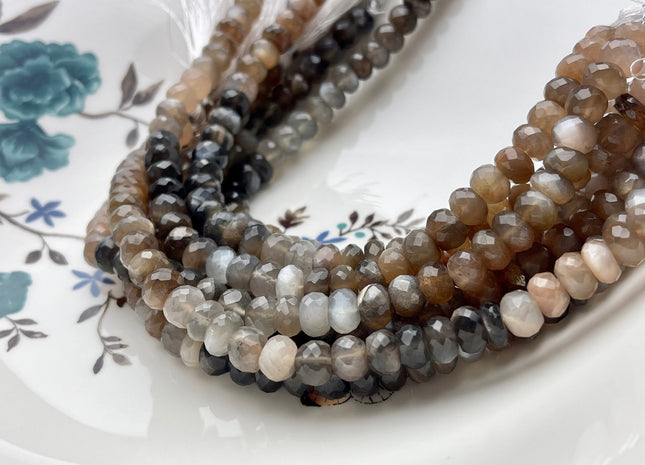 8-9mm AAA Gorgeous 100% Natural Black Gray Chocolate Moonstone Faceted Rondelle Gemstone Beads Top Quality Moonstone 8 Inches Strand #3796