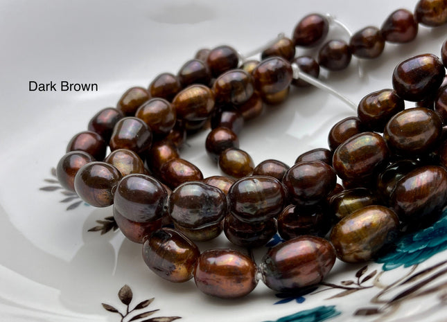 10-11x12-13 mm Full Strand Rice / Oval Brown OR Dark Brown 2 mm Hole Freshwater Pearl Beads Genuine Large Hole Brown Pearl Beads #166