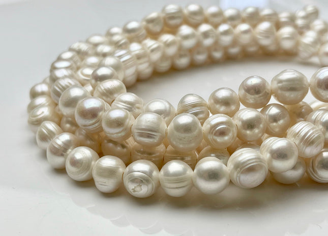 11-13 mm Full Strand Hole Size 2.2mm 2.5mm 3.0mm Ringed Natural White Potato Freshwater Pearl Beads, Large Hole Pearl Beads With Ring #251
