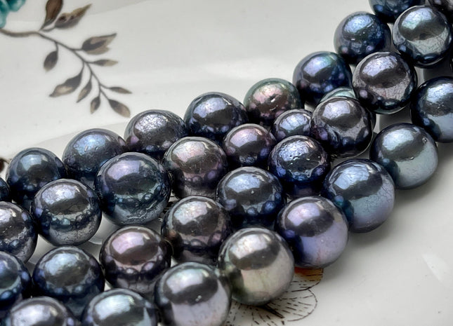 12-15mm Extra Shiny Large Hole Half Strand Gray Peacock Edison Freshwater Pearls Hole Size 2.2 mm Genuine Large Hole Edison Pearls #766