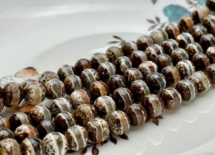 6mm 8mm 10mm AAA DZI Tibetan Agate Faceted Round Dark Brown And White Color Agate High Quality Gemstone Loose Beads #2352