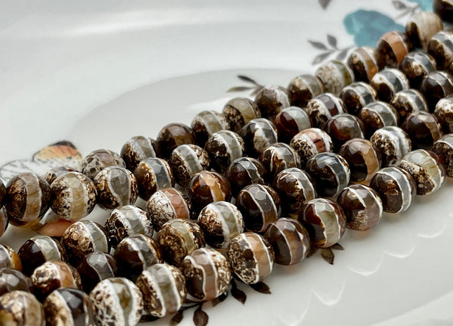 6mm 8mm 10mm AAA DZI Tibetan Agate Faceted Round Dark Brown And White Color Agate High Quality Gemstone Loose Beads #2352
