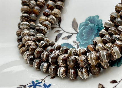 6mm 8mm 10mm AAA DZI Tibetan Agate Faceted Round Dark Brown And White Color Agate High Quality Gemstone Loose Beads #2352