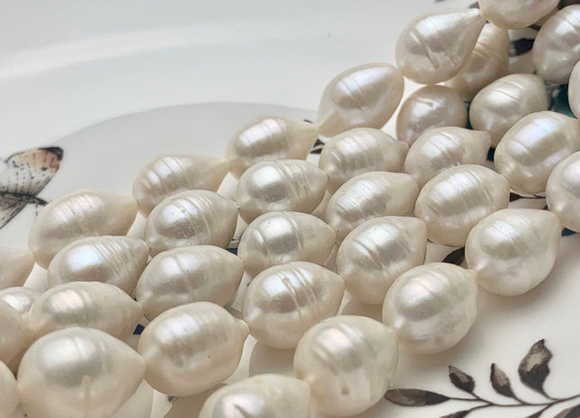11x14-15 mm Natural White Tear-Drop Rice Shape Freshwater Pearl Beads Genuine Very Rare Natural Freshwater Ringed Pearls 24 Beads #P1686
