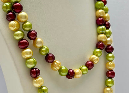 38 inches 10-11 mm Multi Color Genuine Pearl Necklace,Mixed White Blue Green Gold purple Color Ringed Pearl Beads Necklace #662