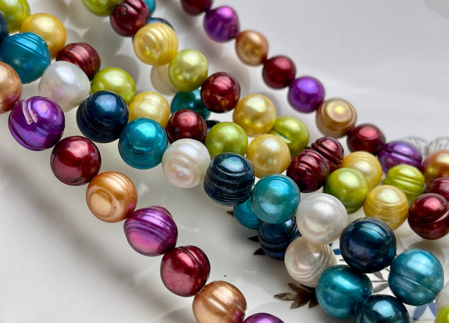 38 inches 10-11 mm Multi Color Genuine Pearl Necklace,Mixed White Blue Green Gold purple Color Ringed Pearl Beads Necklace #662