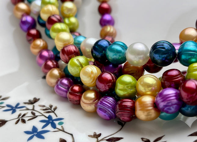 38 inches 10-11 mm Multi Color Genuine Pearl Necklace,Mixed White Blue Green Gold purple Color Ringed Pearl Beads Necklace #662