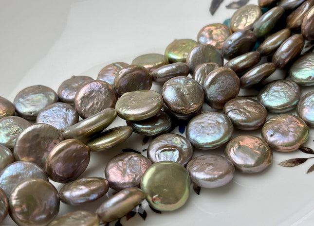 13-14 Or 14-15 mm AA Champagne Color Freshwater Coin Pearl Beads Genuine Champagne Color With Avocado Sheen Freshwater Coin Pearls #1543