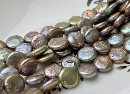 13-14 Or 14-15 mm AA Champagne Color Freshwater Coin Pearl Beads Genuine Champagne Color With Avocado Sheen Freshwater Coin Pearls #1543