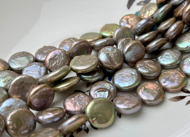 13-14 Or 14-15 mm AA Champagne Color Freshwater Coin Pearl Beads Genuine Champagne Color With Avocado Sheen Freshwater Coin Pearls #1543