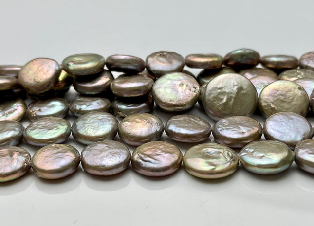 13-14 Or 14-15 mm AA Champagne Color Freshwater Coin Pearl Beads Genuine Champagne Color With Avocado Sheen Freshwater Coin Pearls #1543