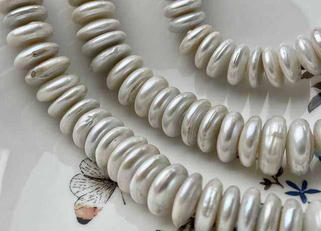 14.5 mm Large Rondelle White Freshwater Coin Pearls Genuine Cultured Freshwater Coin Pearls Beads Limited Edition Rondelle Shape # 1228
