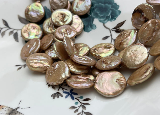 18-20 mm Champagne Large Flat Coin Freshwater Pearl Beads Large Irregular Flat Coin Beads Genuine Freshwater Coin Pearl Beads #1187