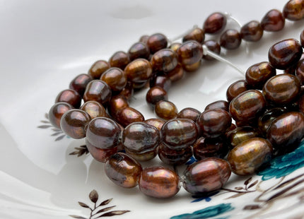 10-11x13-15 mm Large Hole Half Strand Brown Color Rice Freshwater Pearl Beads Hole Size 2.2 mm Genuine Freshwater Rice Shape Pearls #1514