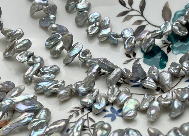 6-7x10-15 mm AA High Luster Silver Gray Keshi Freshwater Pearl Beads Top Drilled Gray Long Keshi Pearls Dancing Silver Pearl Beads #P1739