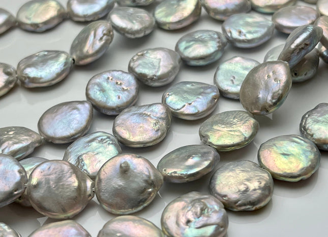 15-17mm High Luster Silver Gray Flat Coin Genuine Freshwater Pearl Beads, Genuine Cultured Freshwater Pearls, Silver Gray Pearls #420