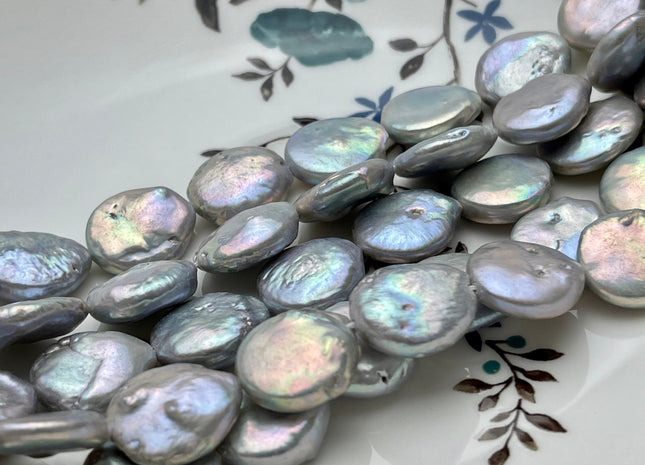 15-17mm High Luster Silver Gray Flat Coin Genuine Freshwater Pearl Beads, Genuine Cultured Freshwater Pearls, Silver Gray Pearls #420
