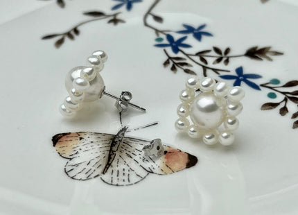 AAAAA Genuine Freshwater Pearl Earring Studs With 925 Sterling Silver Post Natural White Pearls Cluster Earring Bridal Jewelry #P1708-A