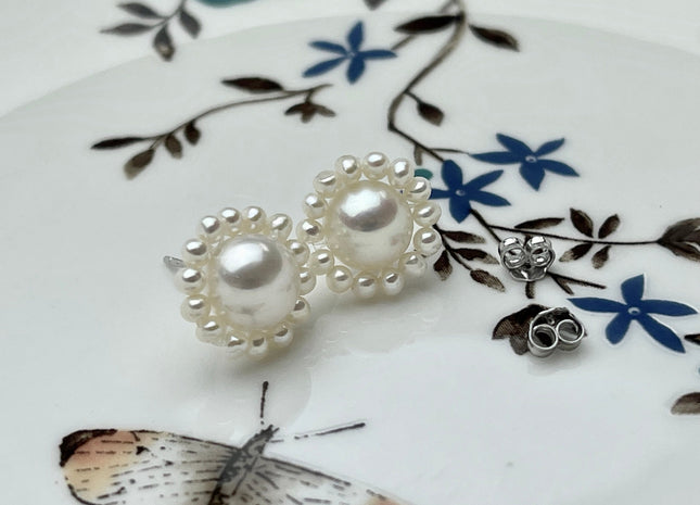 AAAAA Genuine Freshwater Pearl Earring Studs With 925 Sterling Silver Post Natural White Pearls Cluster Earring Bridal Jewelry #P1708-B