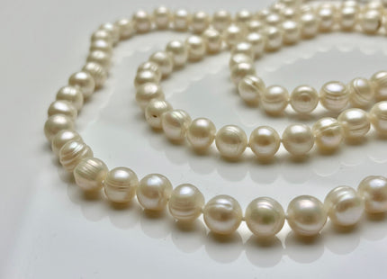 90 inches Hand Knotted 9 mm Ringed Pearl Long Necklace Genuine Natural Freshwater Pearls, Long White Pearl Bridal Necklace #223