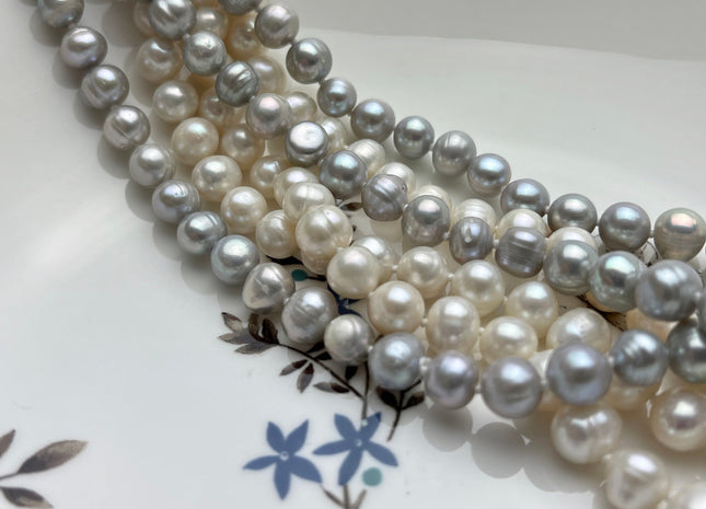 90 inches 7-8 mm Potato Freshwater Pearl Necklaces Natural White OR Silver Gray,Genuine Pearl Long Necklaces Bridal Wedding Necklace #228