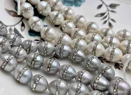 10x12 mm Half Strand Large Hole Rice/Oval Pearls 2.0mm Hole Natural White w/Clear Rhinestones OR Gray w/Clear Rhinestones #1206