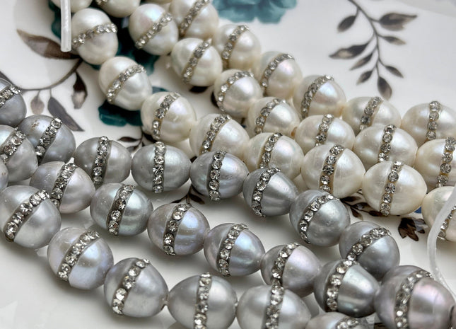 10x12 mm Half Strand Large Hole Rice/Oval Pearls 2.0mm Hole Natural White w/Clear Rhinestones OR Gray w/Clear Rhinestones #1206