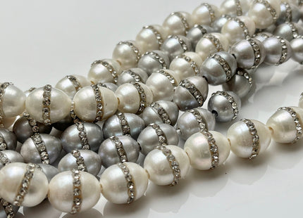 10x12 mm Half Strand Large Hole Rice/Oval Pearls 2.0mm Hole Natural White w/Clear Rhinestones OR Gray w/Clear Rhinestones #1206