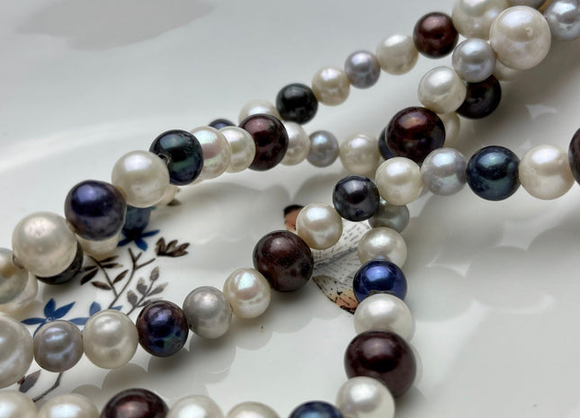 8-11 mm Half Strand Large Hole White Grey Peacock Mixed Color Freshwater Off Round Pearls Hole Size 2.0 mm Genuine Large Hole Pearl #1310