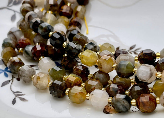 7x8mm Half Strand Faceted Energy Prism Cut Pietersite Gemstone Genuine Double Terminated Points Brown Gray Pitersite Beads 19 Pieces #3792