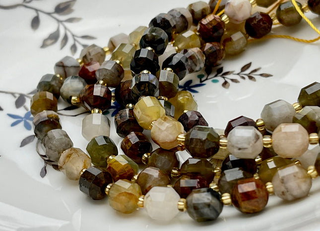 7x8mm Half Strand Faceted Energy Prism Cut Pietersite Gemstone Genuine Double Terminated Points Brown Gray Pitersite Beads 19 Pieces #3792