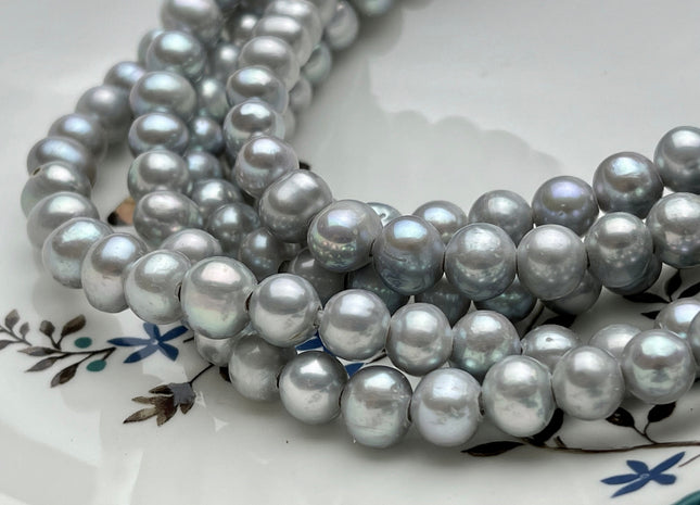 9-10 mm AA Large Hole Gray Potato Freshwater Pearl Beads 2.1mm Hole Genuine High Luster Silver Gray Freshwater Pearl 49 Beads #1210