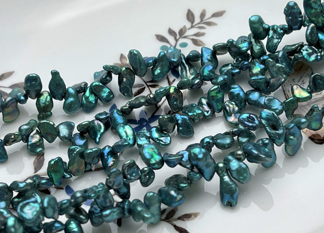 4-5x5-9 mm AAA Rare High Luster Teal Green Color Keshi Freshwater Pearl Beads Genuine Top Drilled Green Keshi Dancing Pearl Beads #P1753