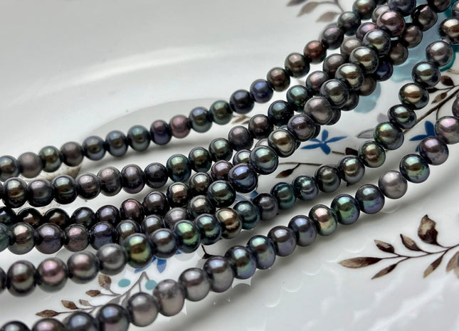 6-6.5mm AA Dark Peacock Color Large Hole Potato Freshwater Pearl Beads Hole Size 1.8 mm Genuine Large Hole Freshwater Pearls 73 Beads #9