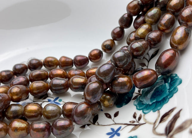 10-11x13-15 mm Large Hole Half Strand Brown Color Rice Freshwater Pearl Beads Hole Size 2.2 mm Genuine Freshwater Rice Shape Pearls #1514
