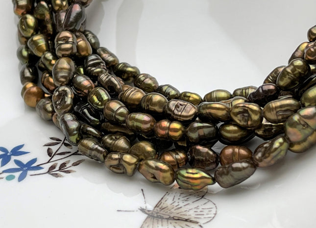 6-7x9-10 mm Keshi Rice Nugget Freshwater Pearl Beads Copper Green Brown Color Genuine Keshi Freshwater Pearls 40 Beads #P1781
