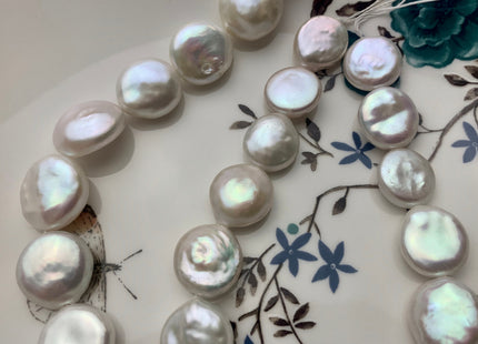 14-16mm AAA High Luster Top Quality Natural White Flat Coin Freshwater Pearl Genuine Very Rare Round Coin Pearl 8 Inches 13-14 Beads #P1108