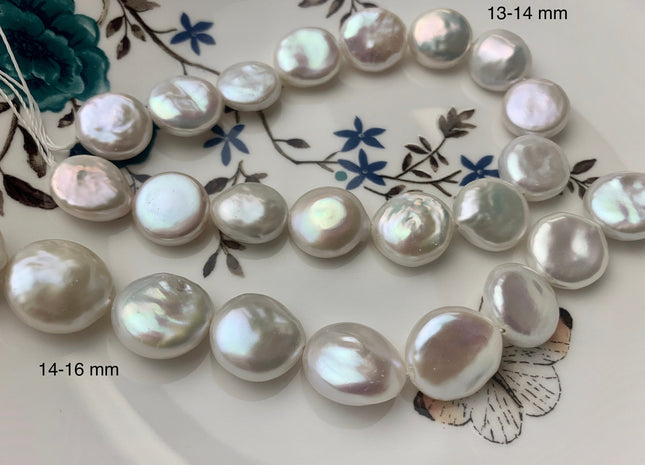 14-16mm AAA High Luster Top Quality Natural White Flat Coin Freshwater Pearl Genuine Very Rare Round Coin Pearl 8 Inches 13-14 Beads #P1108