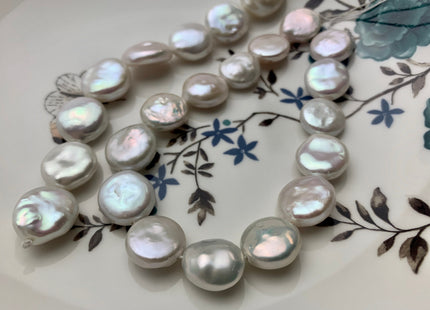 14-16mm AAA High Luster Top Quality Natural White Flat Coin Freshwater Pearl Genuine Very Rare Round Coin Pearl 8 Inches 13-14 Beads #P1108