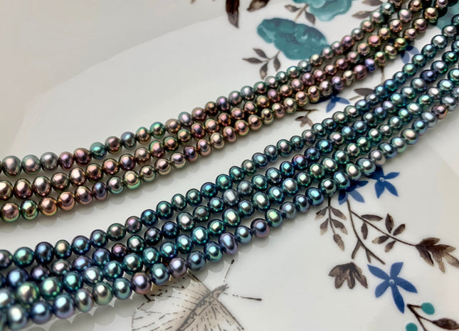 4 mm AAA Rainbow Blue Peacock Color Small Freshwater Potato Pearl Beads Genuine High Luster Peacock Small Potato Pearls 100 Pieces #P1822
