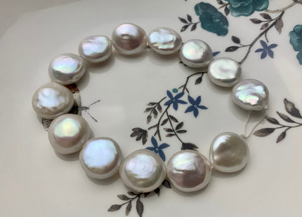 14-16mm AAA High Luster Top Quality Natural White Flat Coin Freshwater Pearl Genuine Very Rare Round Coin Pearl 8 Inches 13-14 Beads #P1108