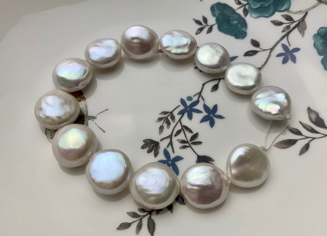 14-16mm AAA High Luster Top Quality Natural White Flat Coin Freshwater Pearl Genuine Very Rare Round Coin Pearl 8 Inches 13-14 Beads #P1108