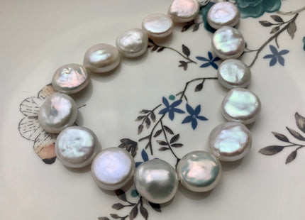 14-16mm AAA High Luster Top Quality Natural White Flat Coin Freshwater Pearl Genuine Very Rare Round Coin Pearl 8 Inches 13-14 Beads #P1108